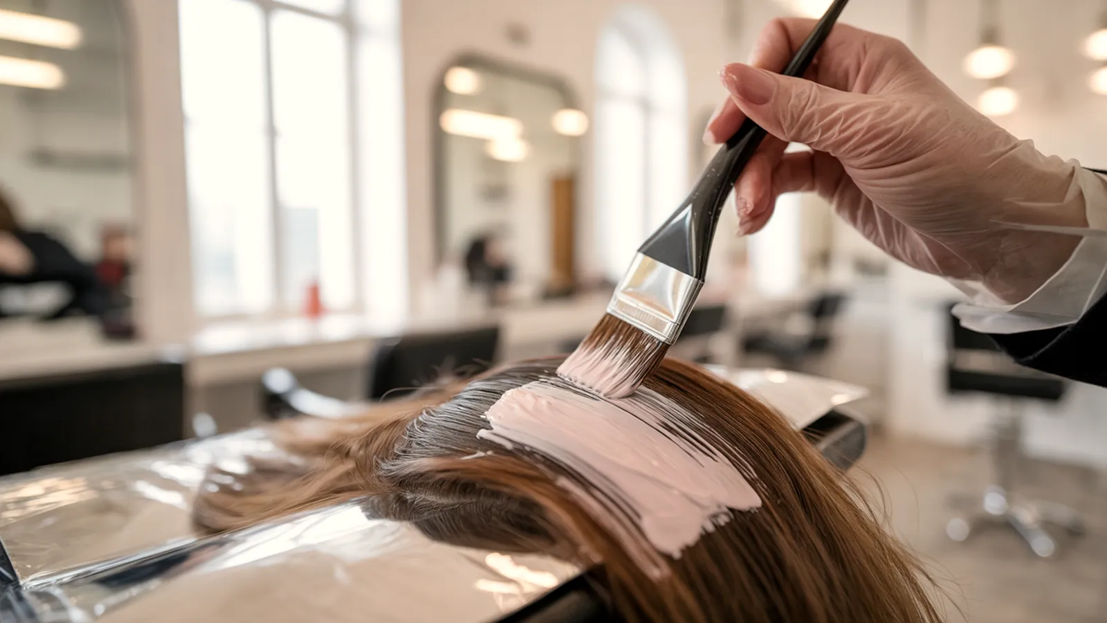 Fryzjerka pędzlem nakłada rozjaśniacz na pasmo brązowych włosów ułożone na folii w jasnym salonie.